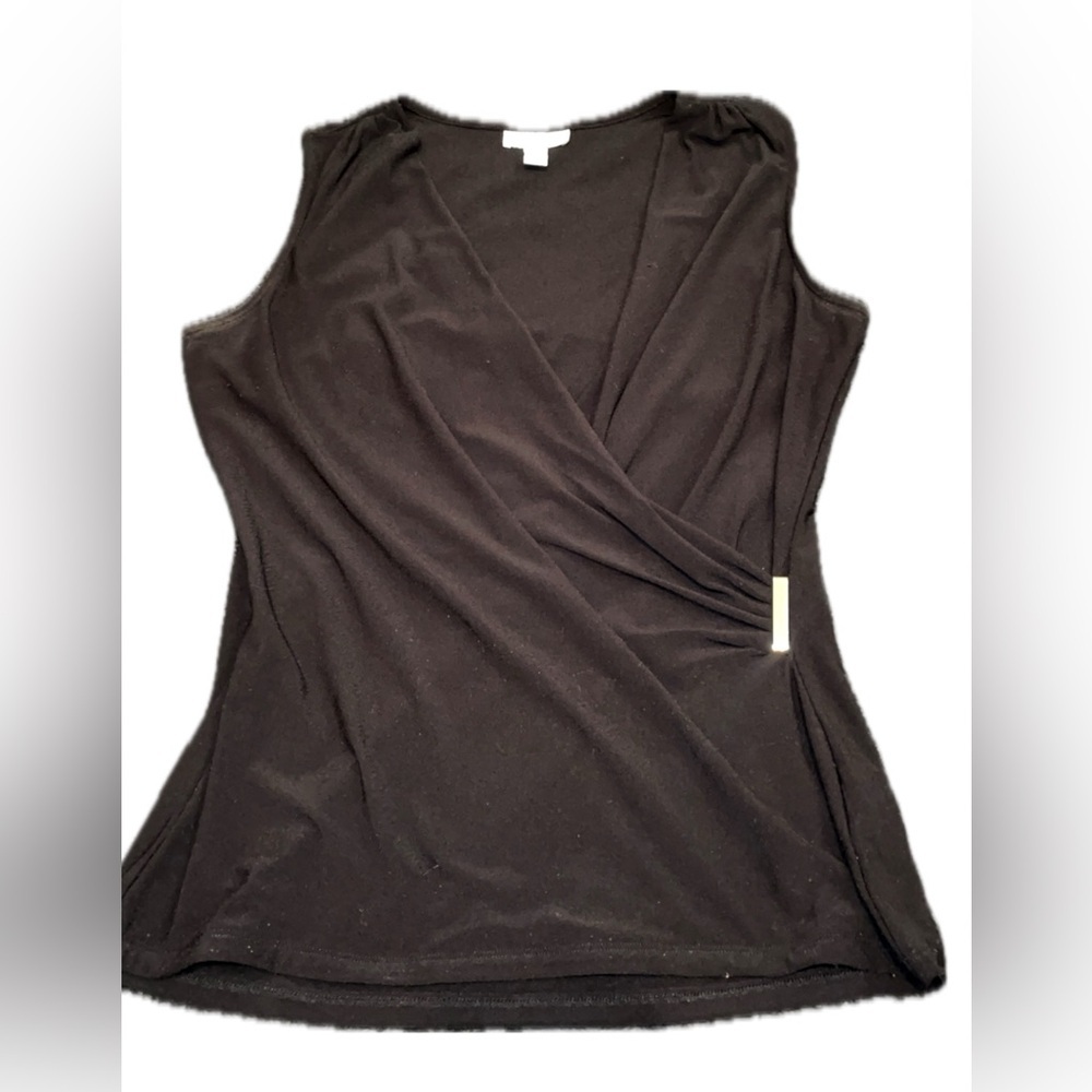 Charter Club Black Faux-Wrap Sleeveless Blouse Metallic Hardware Detail Small